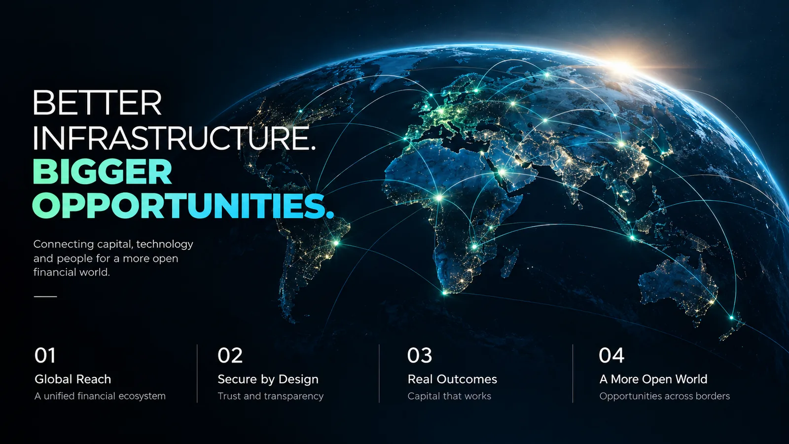 Fintech investor deck title slide with a global network map